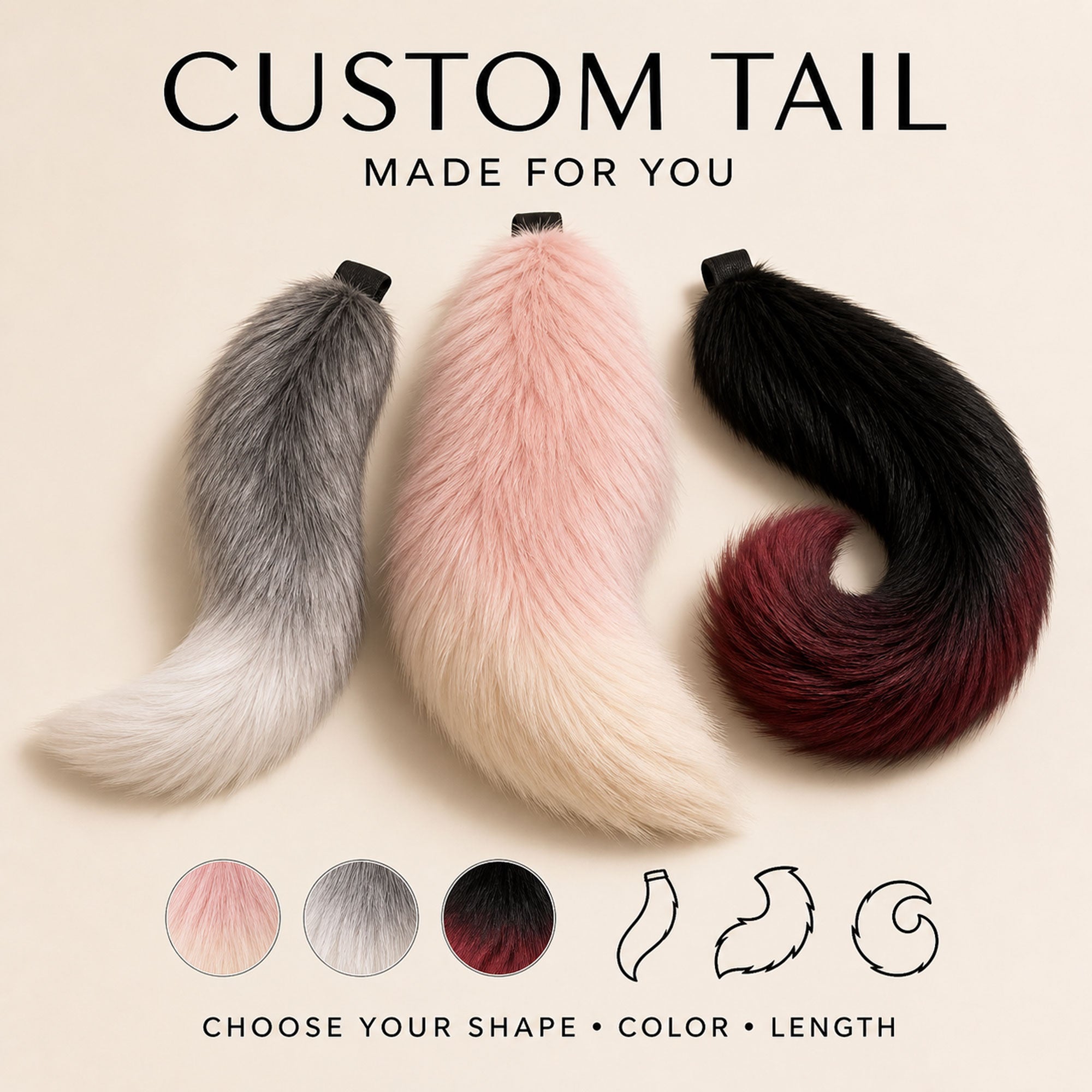 Custom Handmade Cosplay Tail – Choose Shape, Color, Length & Wire Core