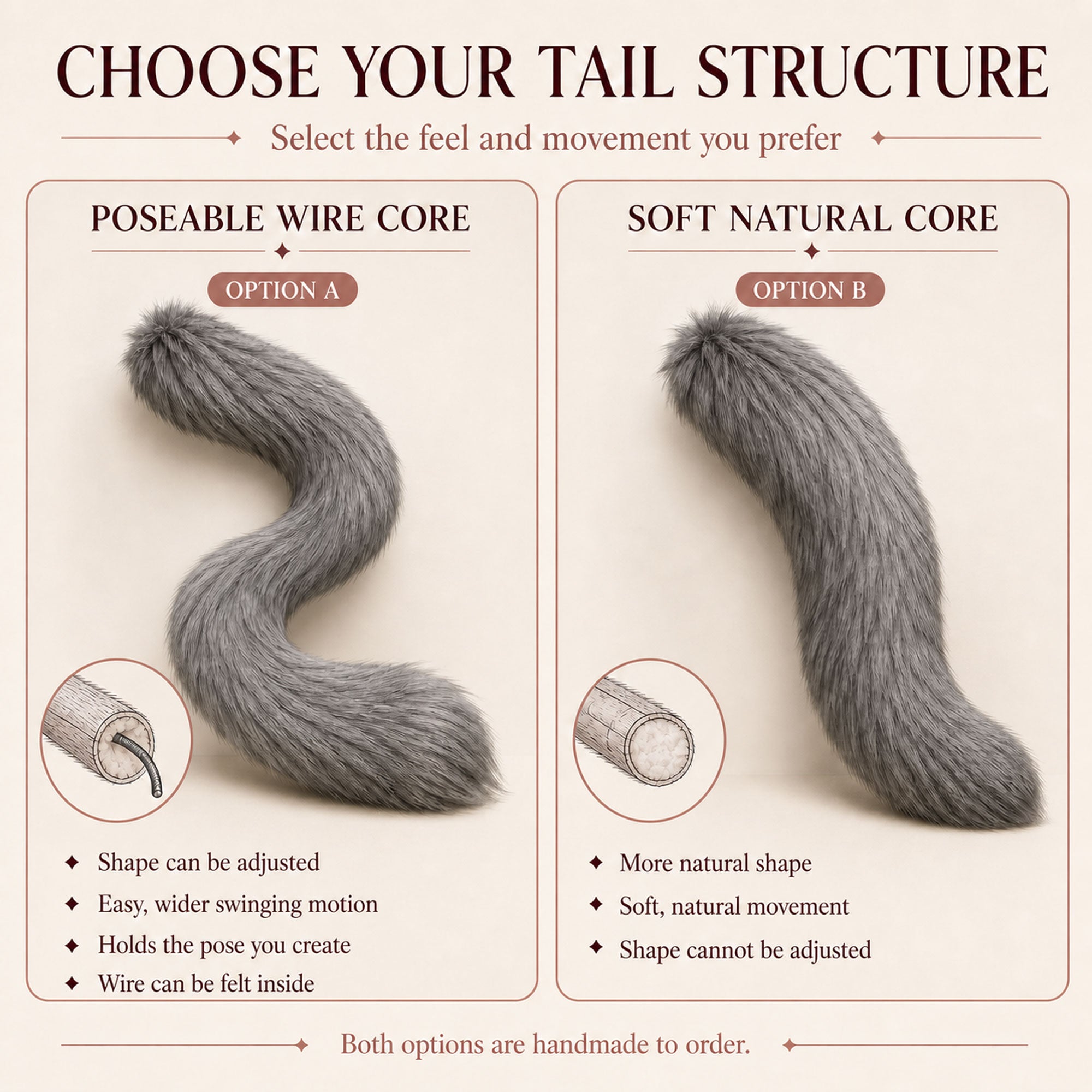 Custom Handmade Cosplay Tail – Choose Shape, Color, Length & Wire Core