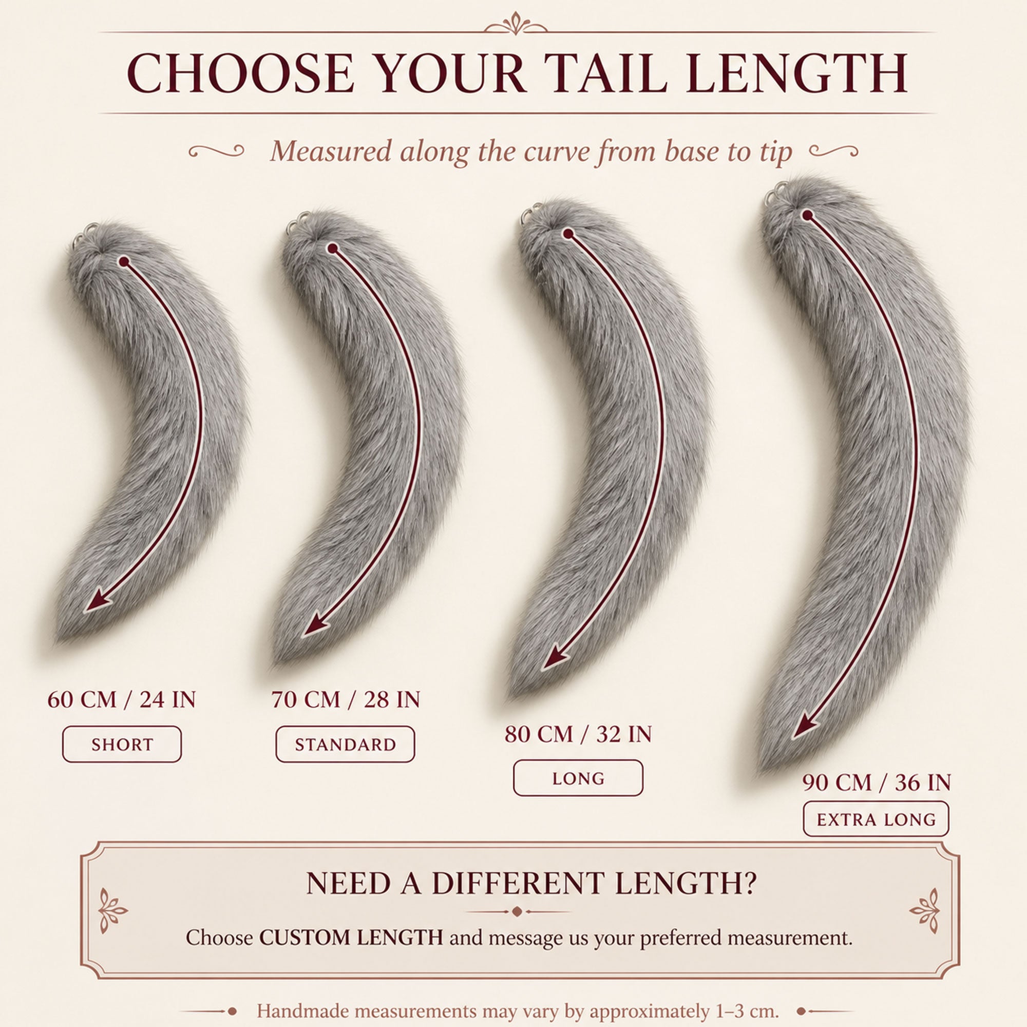 Custom Handmade Cosplay Tail – Choose Shape, Color, Length & Wire Core