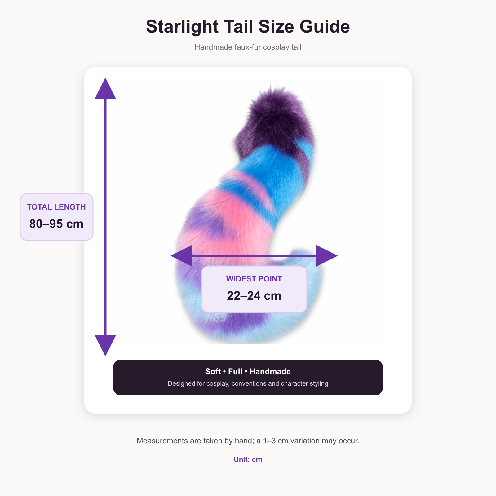 Starlight faux fur cosplay tail size guide showing 80–95 cm length